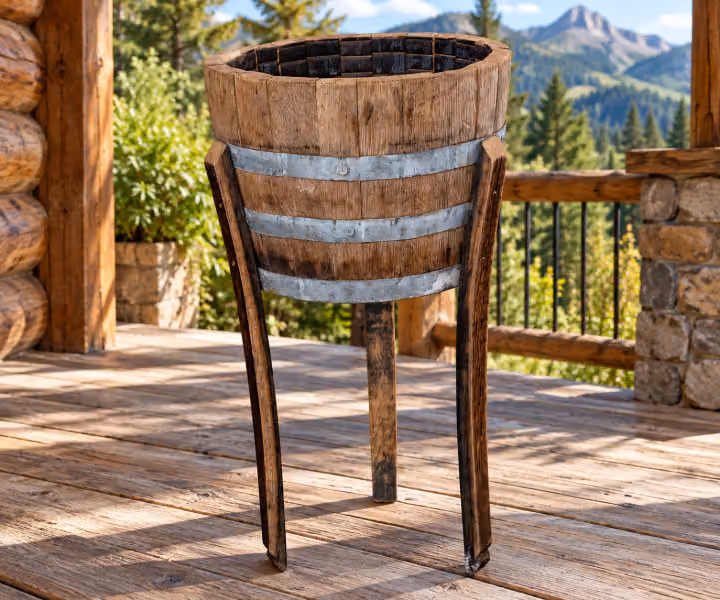 Caskwood Whiskey Barrel Flower Pot with Legs in a rustic mountain cabin