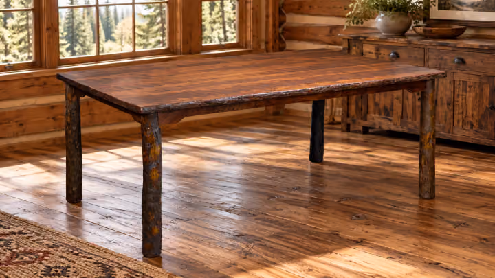 Stonewater Rough-sawn Maple & Hickory Farmhouse Dining Table in a rustic home