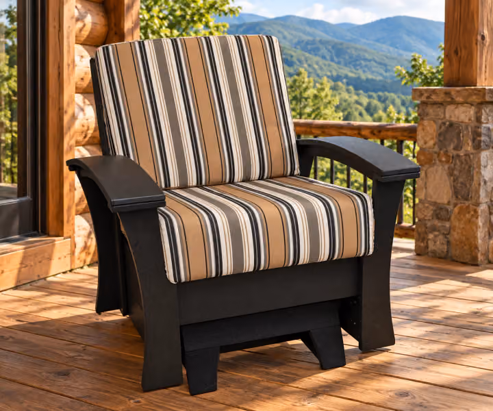 Willow Bay Poly Porchside Chair Glider in an outdoor mountain cabin setting