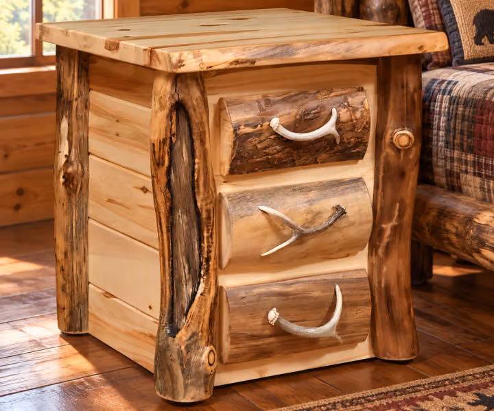 Woodland Hollow Aspen Three Drawer Nightstand in a rustic cabin bedroom