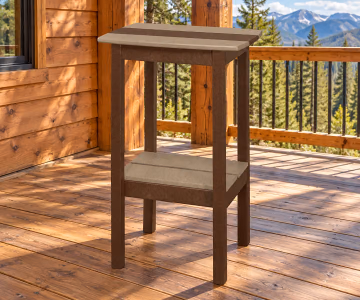 Harbor Porch Poly Bar-height End Table in an outdoor cabin setting
