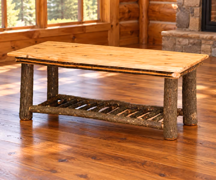 Fox Hollow Hickory Woodland Crest Coffee Table in a rustic cabin living