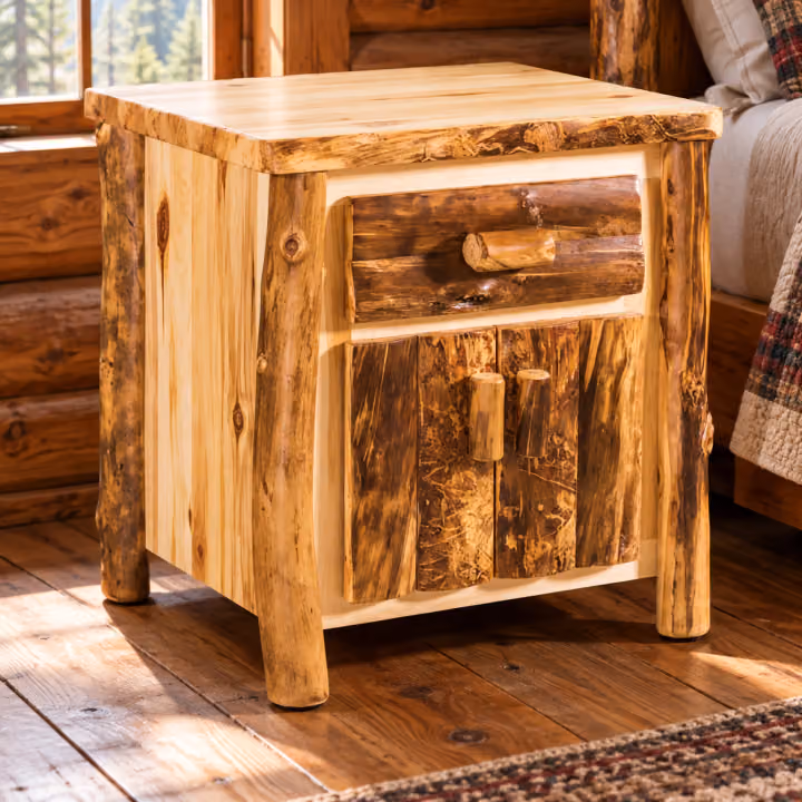 Timber Hollow Aspen Drawer & Door Nightstand in a cabin bedroom