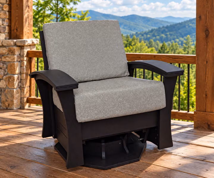 Willow Bay Poly Porchside Swivel Glider in an outdoor mountain cabin setting