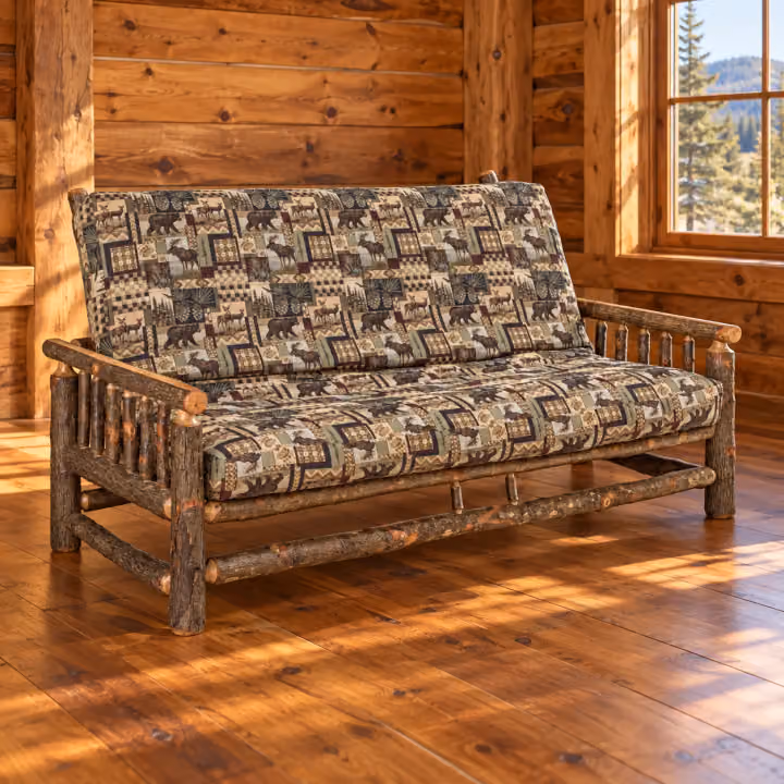 Log Hearth Hickory Cabin Sleeper Sofa in a rustic cabin living