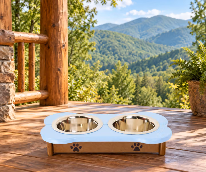 Willow Bay Poly Double Cat Feeder in an outdoor mountain cabin setting