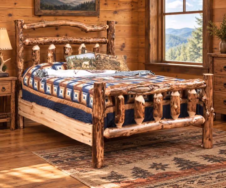 Woodland Hollow Aspen Deluxe Bed in a rustic cabin bedroom