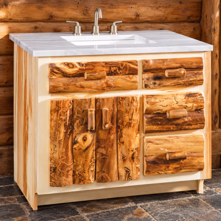 Timber Hollow Aspen Vanity Cabinet — 36-inch in a cabin bathroom