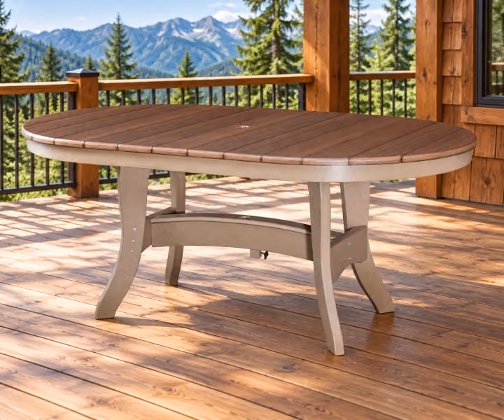 Harbor Porch Oval Poly Dining Table in an outdoor cabin setting
