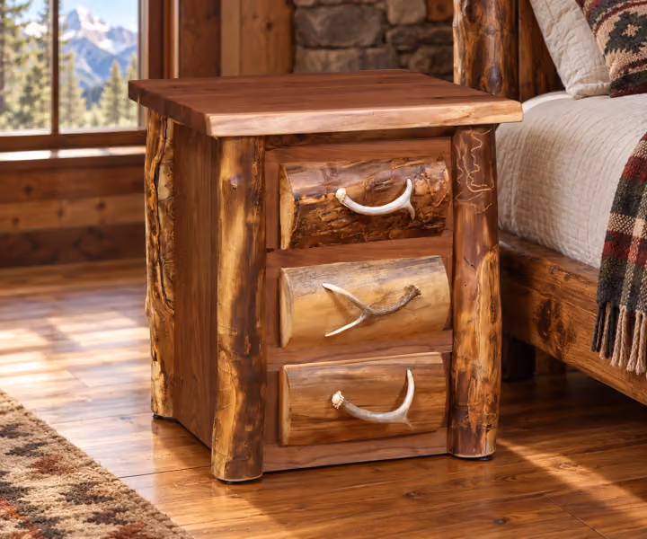 Highland Trail Aspen & Black Walnut Three Drawer Nightstand in a rustic cabin bedroom