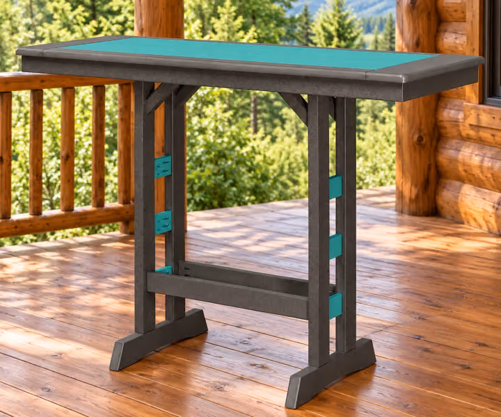 Harbor Porch Narrow Poly Bar Table in an outdoor cabin setting