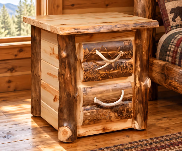 Woodland Hollow Aspen Two Drawer Nightstand in a rustic cabin bedroom