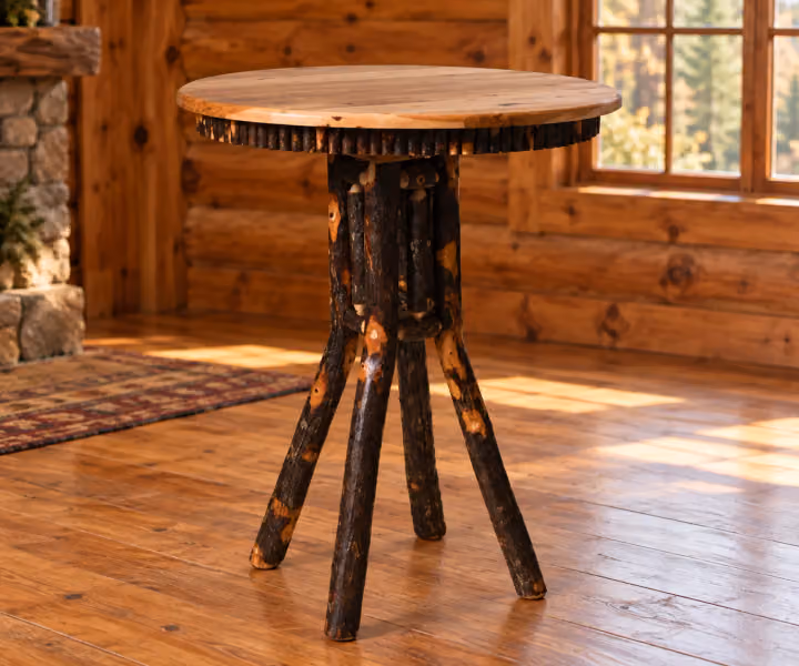 Fox Hollow Hickory Hearthstone Pub Table in a rustic cabin dining