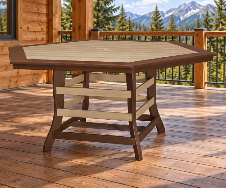 Harbor Porch Bordered Hexagon Poly Counter Table in an outdoor cabin setting