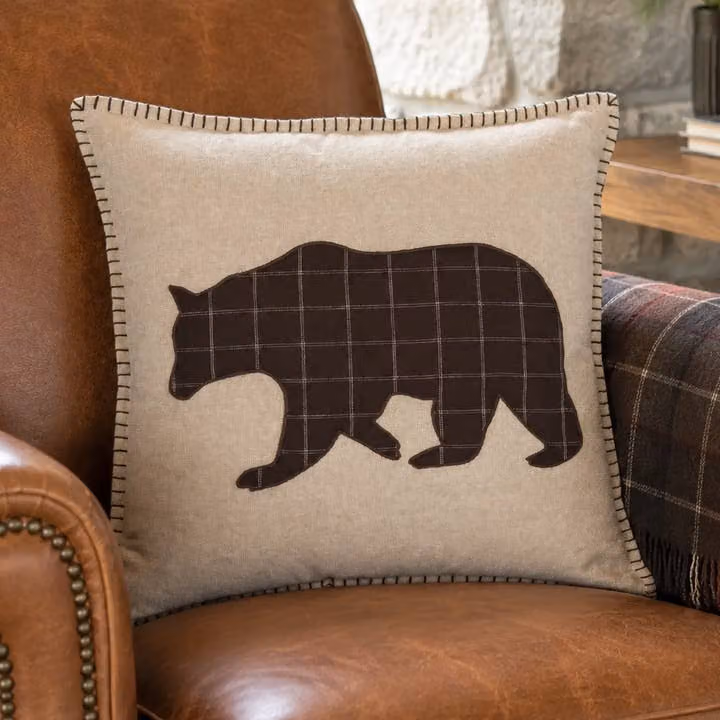 Applique Bear Throw Pillow Wyatt Rustic Decor 18”