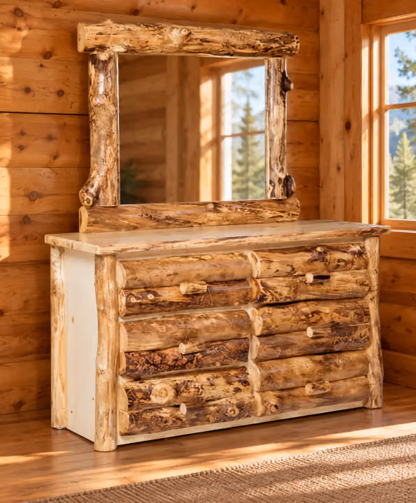 Clearwater Aspen Dresser Mirror in a rustic cabin bedroom