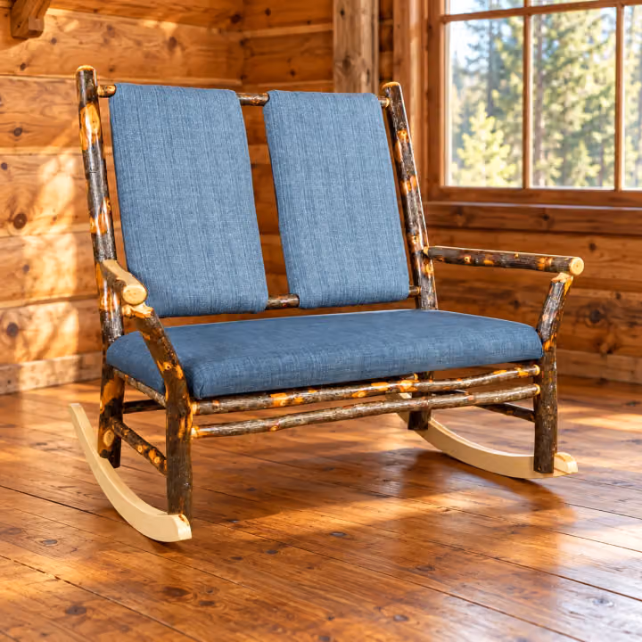 Tall Timbers Hickory Tall-back Double Rocker in a rustic cabin living