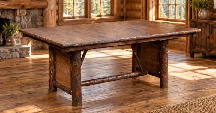 Stonewater Rough-sawn Maple & Hickory Panel Trestle Dining Table in a rustic home