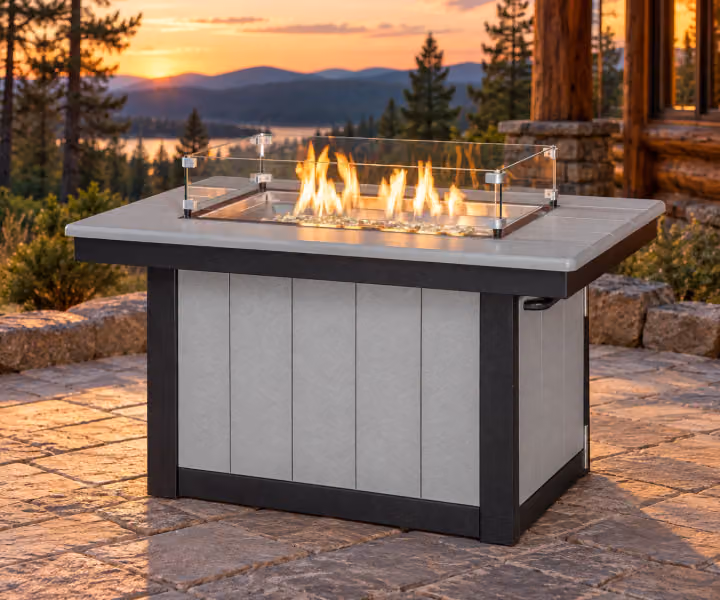 Harbor Porch Compact Poly Conversation Fire Table in an outdoor cabin setting