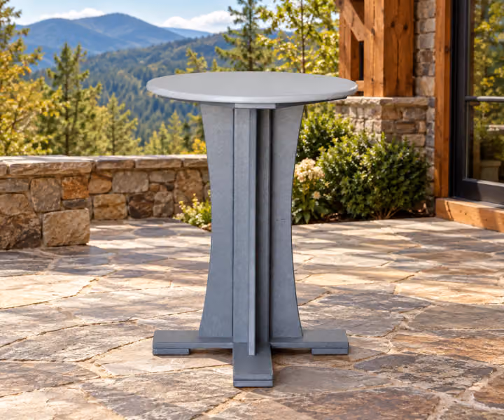 Willow Bay Poly Round Pub Table in an outdoor mountain cabin setting