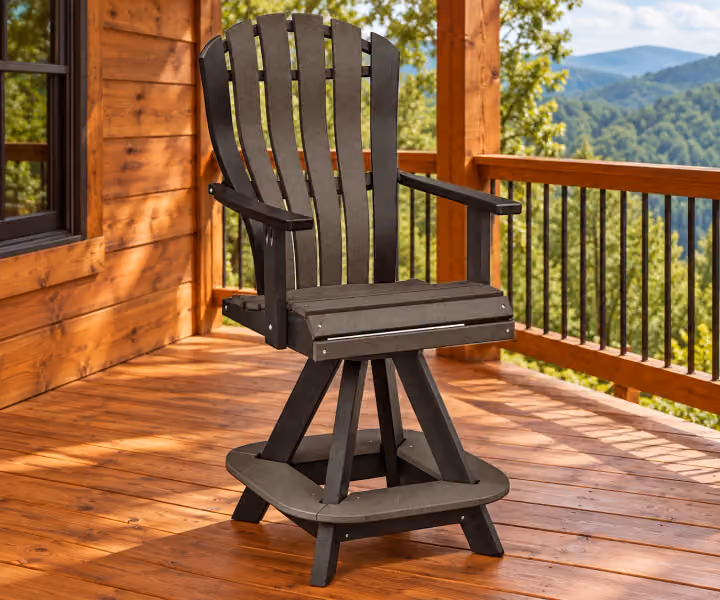 Harbor Porch Arched-back Poly Counter Swivel Chair in an outdoor cabin setting