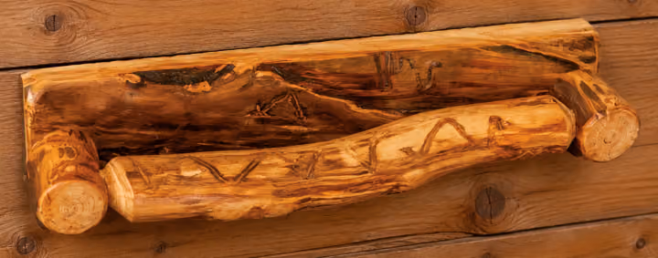 Timber Hollow Aspen Log Towel Bar in a cabin bathroom