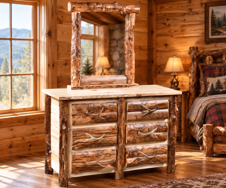 Woodland Hollow Aspen Six Drawer Dresser in a rustic cabin bedroom