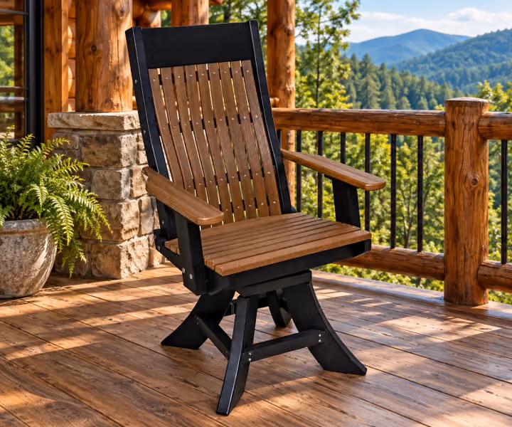 Willow Bay Poly Seabreeze Swivel Chair in an outdoor mountain cabin setting