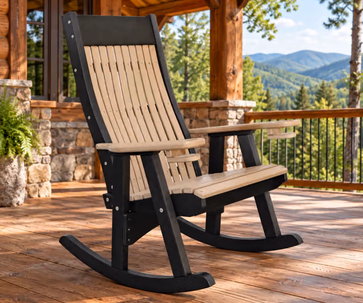 Willow Bay Poly Seabreeze Rocker in an outdoor mountain cabin setting