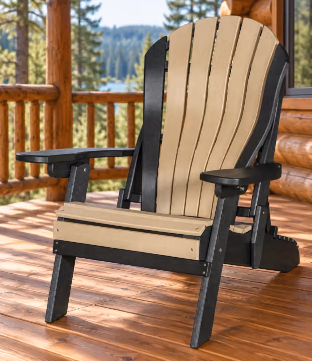 Harbor Porch Arched-back Poly Folding Lounge Beach Chair in an outdoor cabin setting