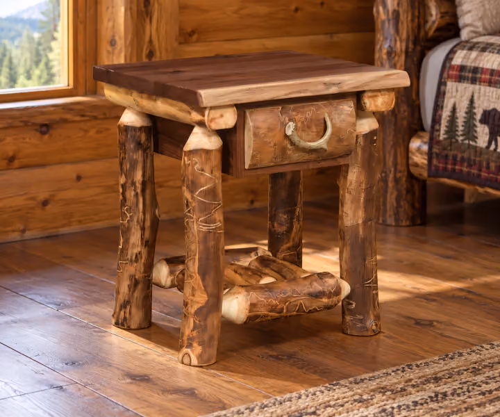 Highland Trail Aspen & Black Walnut One Drawer Nightstand in a rustic cabin bedroom