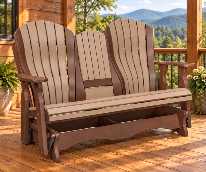Harbor Porch Arched-back Poly Console Glider in an outdoor cabin setting