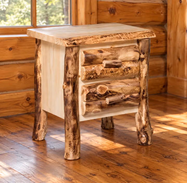 Clearwater Aspen Two Drawer Nightstand in a rustic cabin bedroom
