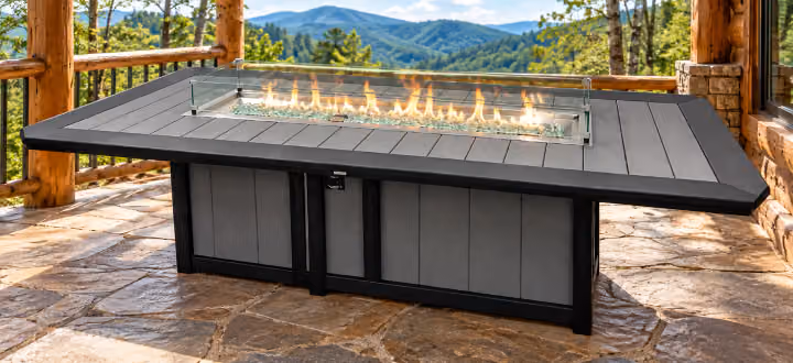 Willow Bay Poly Long Rectangular Fire Table in an outdoor mountain cabin setting