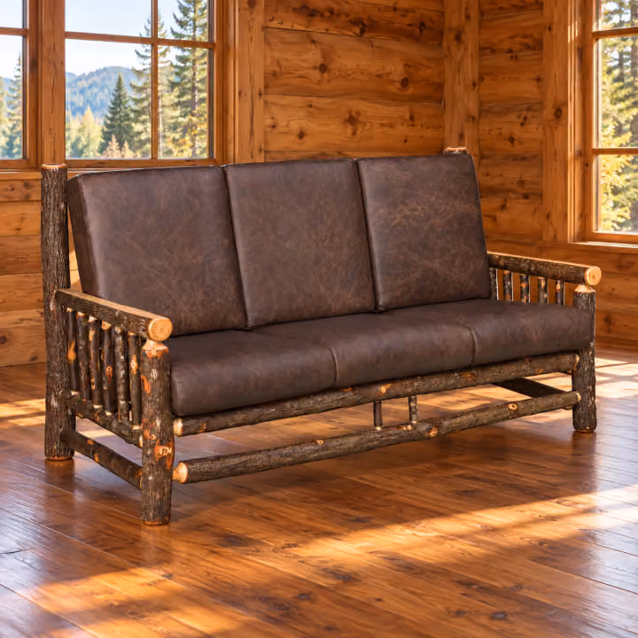 Log Hearth Hickory Cabin Sofa in a rustic cabin living