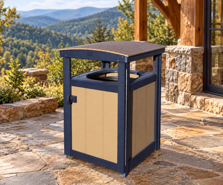 Willow Bay Poly Large Covered Waste Cabinet in an outdoor mountain cabin setting