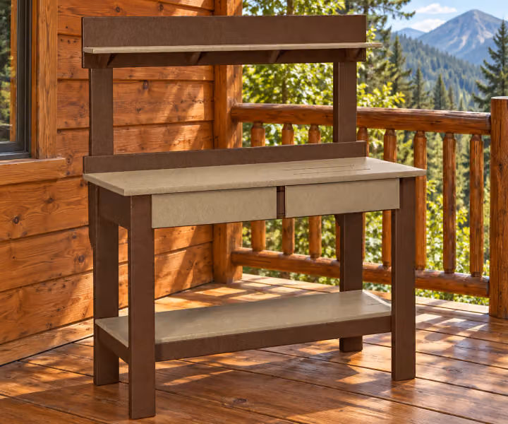 Harbor Porch Poly Potting Bench with Drawers in an outdoor cabin setting