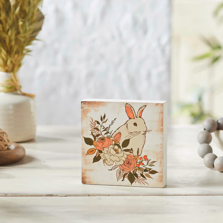 Bunny Hop Floral Bunny MDF Block Sign