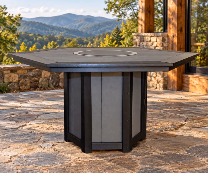 Willow Bay Poly Hexagonal Fire Table in an outdoor mountain cabin setting