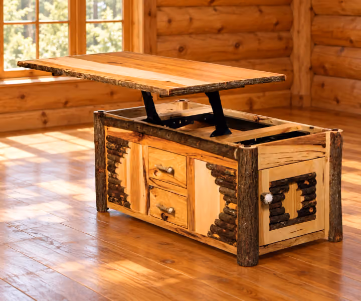 Fox Hollow Hickory Fernwood Lift-Top Coffee Table in a rustic cabin setting