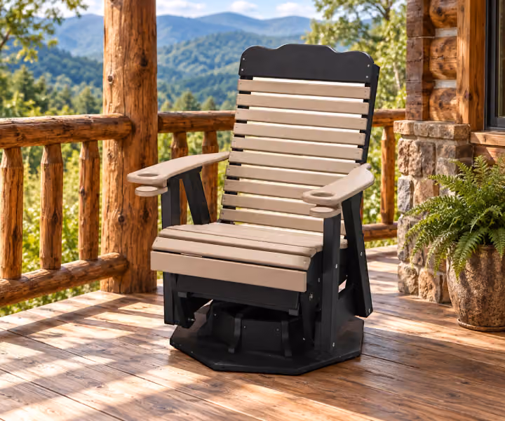 Willow Bay Poly Tall-back Swivel Glider in an outdoor mountain cabin setting