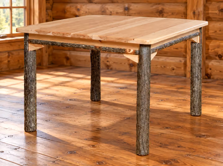 Hemlock Ridge Hickory Square Dining Table in a rustic cabin dining
