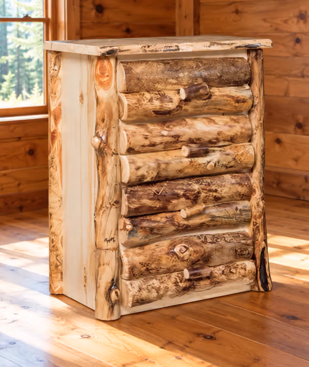 Clearwater Aspen Four Drawer Chest in a rustic cabin bedroom