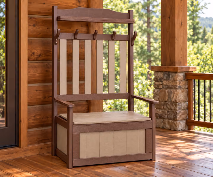 Harbor Porch Poly Porch Storage Bench with Hooks in an outdoor cabin setting