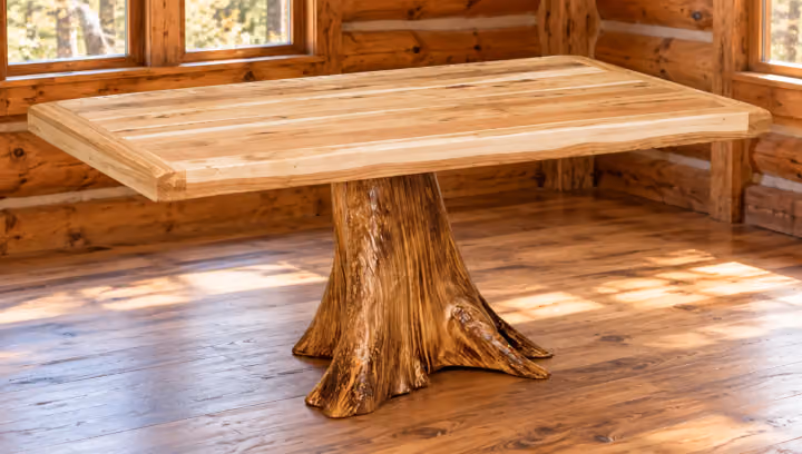 Hemlock Ridge Hickory Homestead Stump Dining Table in a rustic cabin dining