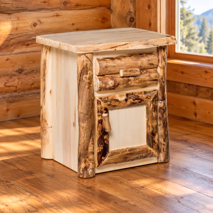 Clearwater Aspen Drawer-and-Door Nightstand in a rustic cabin bedroom