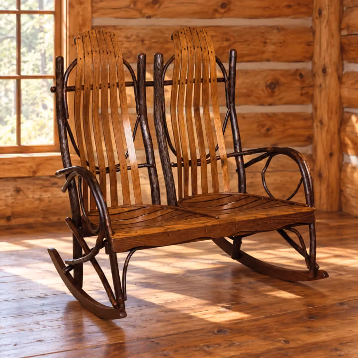 Forest Bend Hickory Double Rocker in a rustic cabin living