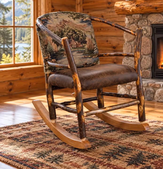 Hearthside Hickory Glen Upholstered Hoop Rocker in a rustic cabin