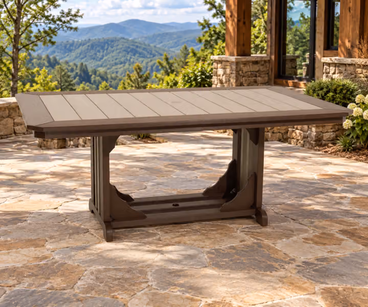 Willow Bay Poly Rectangular Mission Table in an outdoor mountain cabin setting