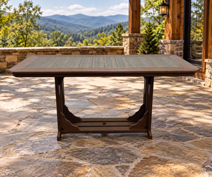 Willow Bay Poly Narrow Mission Table in an outdoor mountain cabin setting